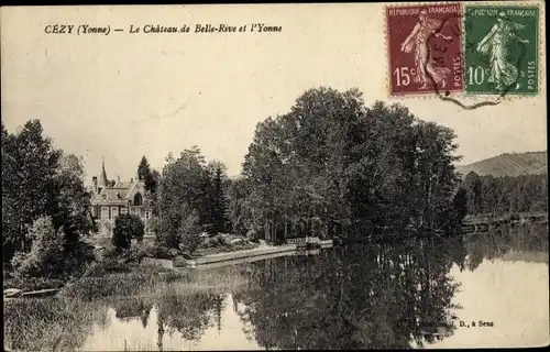 Ak Cézy Yonne, Château de Belle Rive et l´Yonne