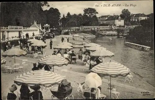 Ak L'Isle Adam Val d’Oise, La plage, Parasol