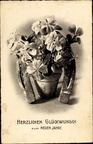 Ak Glückwunsch Neujahr, Kleeblätter in einem Blumentopf, Hufeisen