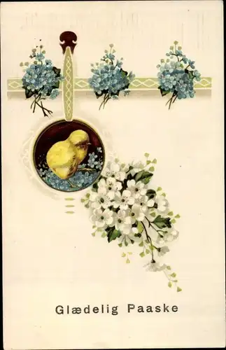 Ak Glückwunsch Ostern, Küken, Blumen, Anhänger