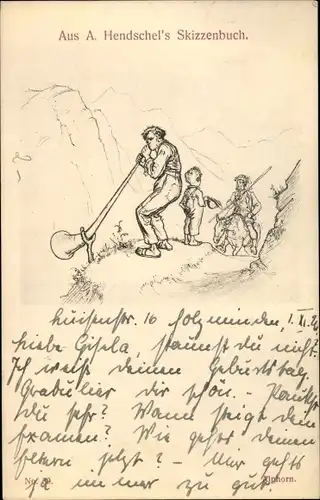 Künstler Ak Hendschel, A., Aus Hendschel's Skizzenbuch, Hornbläser