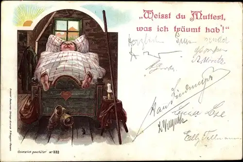 Litho Weisst du Mutterl, was ich träumt hab, Junge im Bett