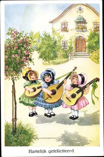 Ak Glückwunsch Geburtstag, Drei Mädchen mit Gitarre und Lauten