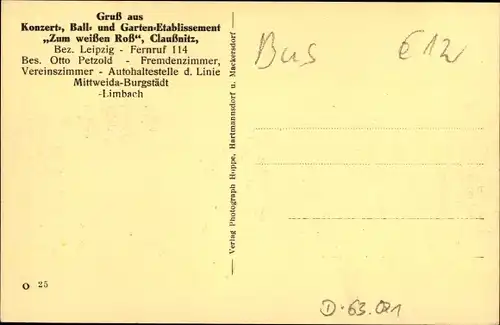 Ak Claußnitz im Kreis Mittelsachsen, Konzertetablissement, Gasthof zum Weißen Ross, Otto Petzold