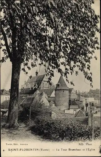 Ak Saint Florentin Yonne, Tour Brunehaut et Église