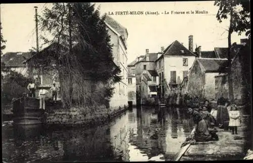 Ak La Ferté Milon Aisne, La Foterne et le Moulin, Frauen waschen Wäsche