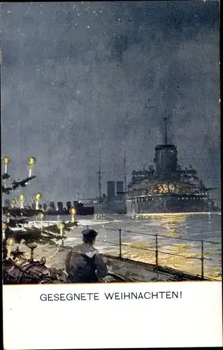Künstler Ak Glückwunsch Weihnachten, Österreichisches Kriegsschiff, KuK Kriegsmarine