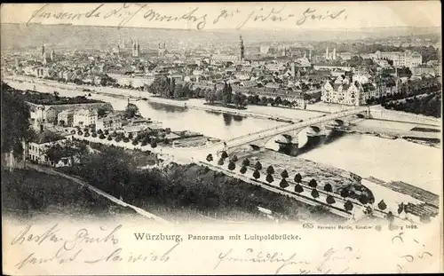Ak Würzburg am Main Unterfranken, Panorama mit Luitpoldbrücke
