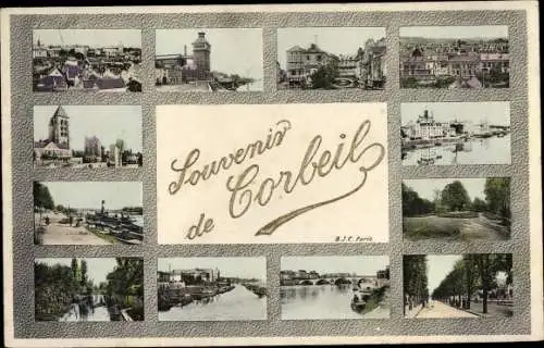 Ak Corbeil Essonne, Souvenir, Église, les Quais, le Pont