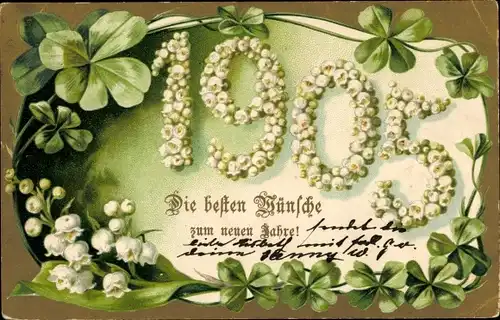 Präge Litho Glückwunsch Neujahr, Jahreszahl 1905, Kleeblätter, Maiglöckchen