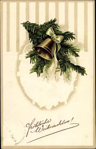 Litho Glückwunsch Weihnachten, Glocke, Tannenzweige