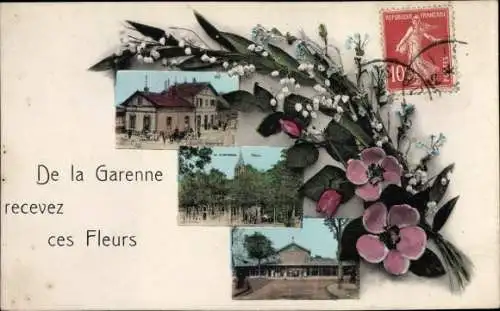 Ak La Garenne Hauts de Seine, Teilansichten, Kirche, Bahnhof, Blumen