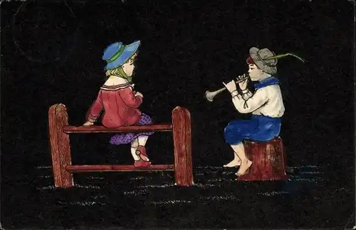 Künstler Ak Junge mit Trompete und Mädchen