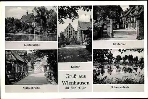 Ak Wienhausen Niedersachsen, Klosterkirche, Kloster, Klosterhof, Schwanenteich, Mühlenbrücke