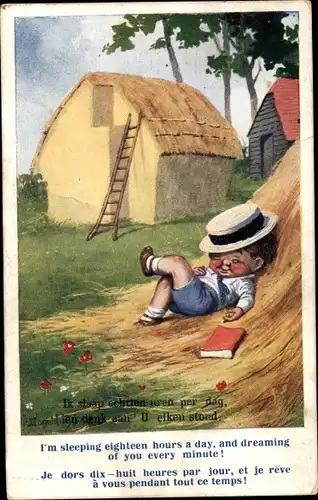 Künstler Ak Junge mit Hut schläft auf dem Stroh