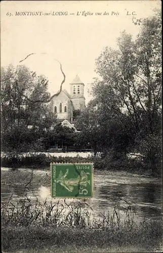 Ak Montigny sur Loing Seine et Marne, Église vue des Prés