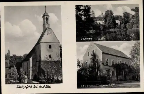 Ak Königsfeld in Sachsen, Kirche, Schloss, Lebensmittelgeschäft