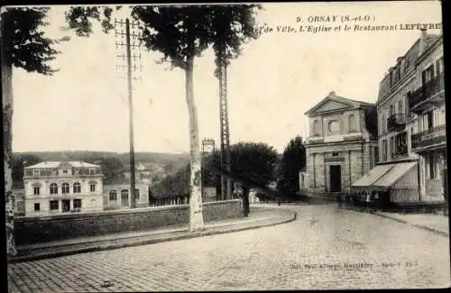 Ak Orsay Essonne, Église et Restaurant Lefèfre