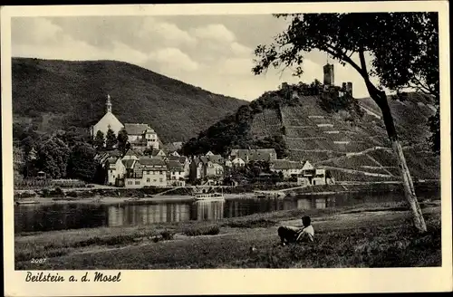Ak Beilstein an der Mosel, Ruine Metternich, Partie an der Mosel