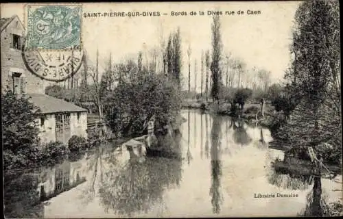 Ak Saint-Pierre-sur-Dives Calvados, Bords de la Dive, Rue de Caen