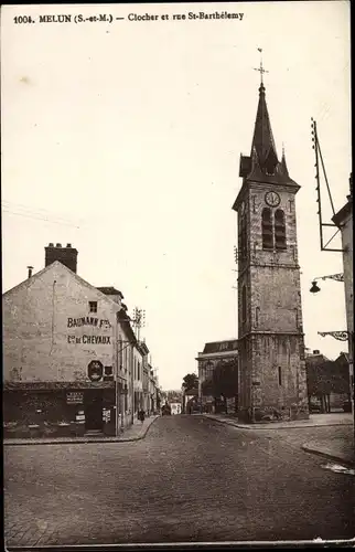 Ak Melun Seine et Marne, Clocher et Rue Saint Barthélémy