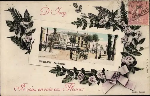 Ak Ivry Val-de-Marne, Montage, Fleurs, Place Nationale