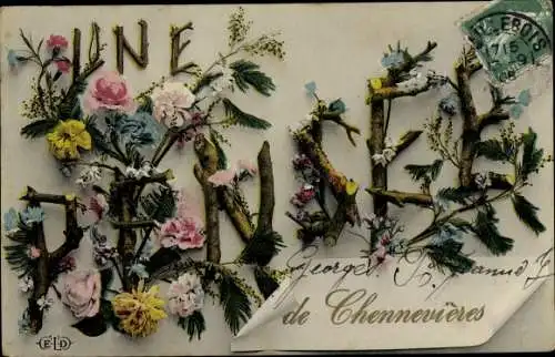 Ak Chennevières Val de Marne, Montage, Fleurs, Branches, Une Pensée de Chennevières