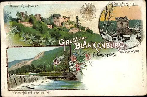 Sonnen Litho Bad Blankenburg in Thüringen, Ruine Greifenstein, Eberstein, Wasserfall, Lösches Hall