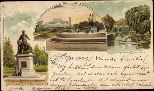 Litho Chicago Illinois, Scene in Lincoln Park, Fountain and Conservatory, Emancipation Statue