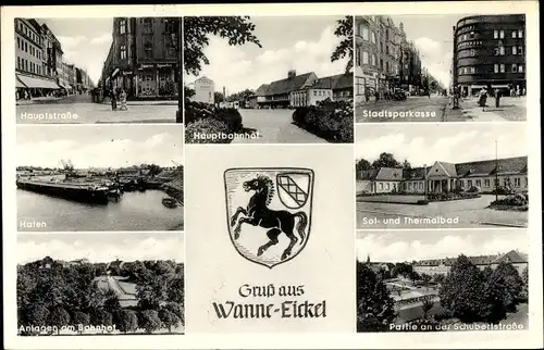 Wappen Ak Wanne Eickel Herne im Ruhrgebiet, Hauptbahnhof, Thermalbad, Hafen, Sparkasse