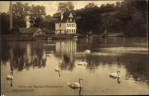 Ak Saarbrücken im Saarland, Partie am Deutsch-Mühlenweiher, Schwäne