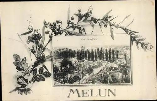 Ak Melun Seine et Marne, Montage, Cadre fleuri et Panorama