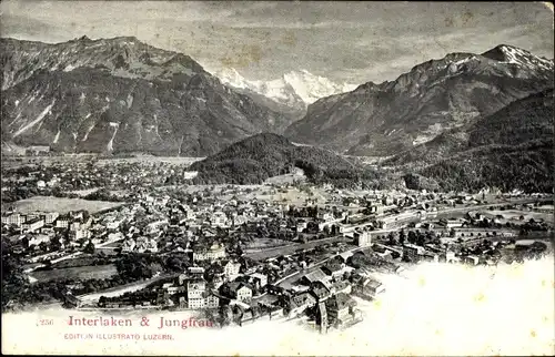 Ak Interlaken Kanton Bern Schweiz, Panorama vom Ort mit Jungfrau