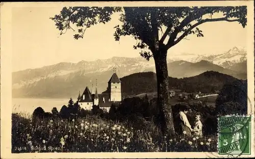 Ak Spiez am Thuner See Kanton Bern, Blick aufs Schloss