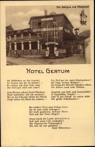 Ak Oberwesel am Rhein, Hotel Gertum, Gedicht Emil Rittershaus, Heilige von Oberwesel