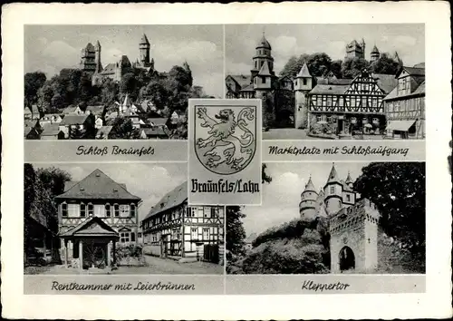 Wappen Ak Braunfels an der Lahn, Schloss, Marktplatz, Kleppertor, Rentkammer, Leierbrunnen