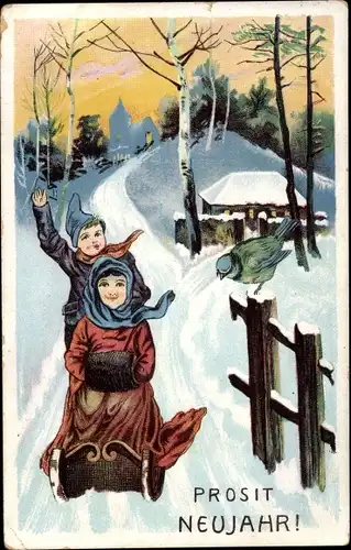 Litho Prosit Neujahr, Kinder in einer Winterlandschaft