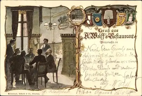 Künstler Wappen Ak R., A. Wolffs Restaurant, Victoriastraße 14, Wappen