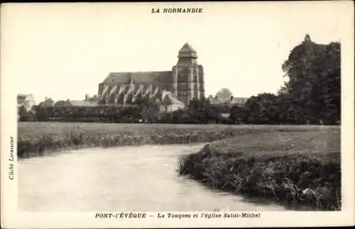 Ak Pont l'Évêque Calvados, La Touques et Église Saint Michel