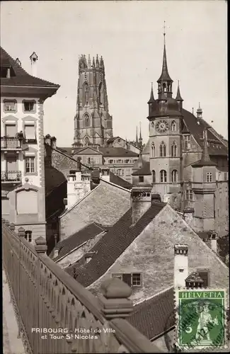 Ak Fribourg Freiburg Stadt Schweiz, Hotel de ville, Tour St. Nicolas