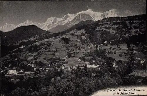 Ak Saint Gervais les Bains Haute Savoie, Panorama vom Ort mit Mont Blanc