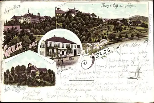 Litho Bad Iburg am Teutoburger Wald, Hotel Uersemann, Schloss Iburg, Iburg von Rott aus gesehen