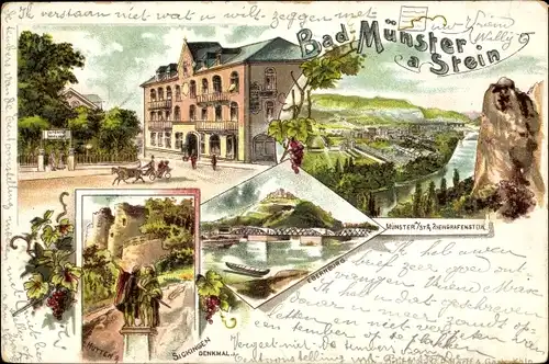 Litho Bad Münster am Stein Ebernburg, Ebernburg, Hütten und Sickingen Denkmal, Rheingrafenstein