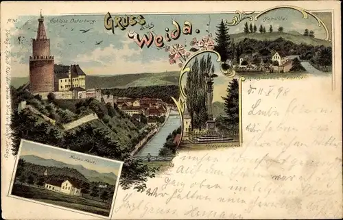 Litho Weida Riesa an der Elbe Sachsen, Schloss Osterburg, Aumühle, Kriegerdenkmal, Hohes Haus