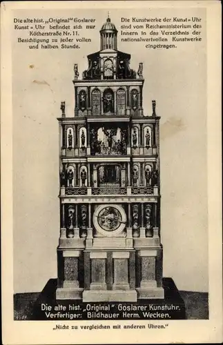 Ak Goslar am Harz, Goslarer Kunstuhr, Bildhauer H. Wecken