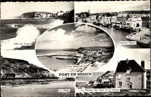 Ak Port en Bessin Calvados, Panorama, Hafen, Strand, Maison des Feux et la Vierge