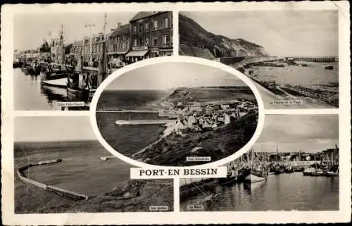 Ak Port en Bessin Calvados, Hafen, Strand, Panorama, Steilküste
