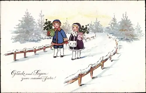 Litho Glück und Segen zum neuen Jahr, Kinder in einer Winterlandschaft