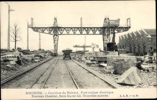 Ak Soignies Wallonien Hennegau, Carrieres du Hainaut, Pont roulant electrique, Nouveau Chantier