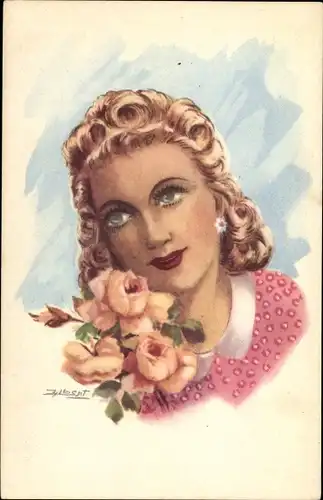 Künstler Ak, Frauenportrait, Rosen